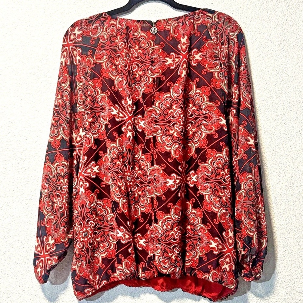 Tommy Hilfiger Paisley Print Chiffon Blouse XL Red Navy Boho Top Bubble - Picture 2 of 8